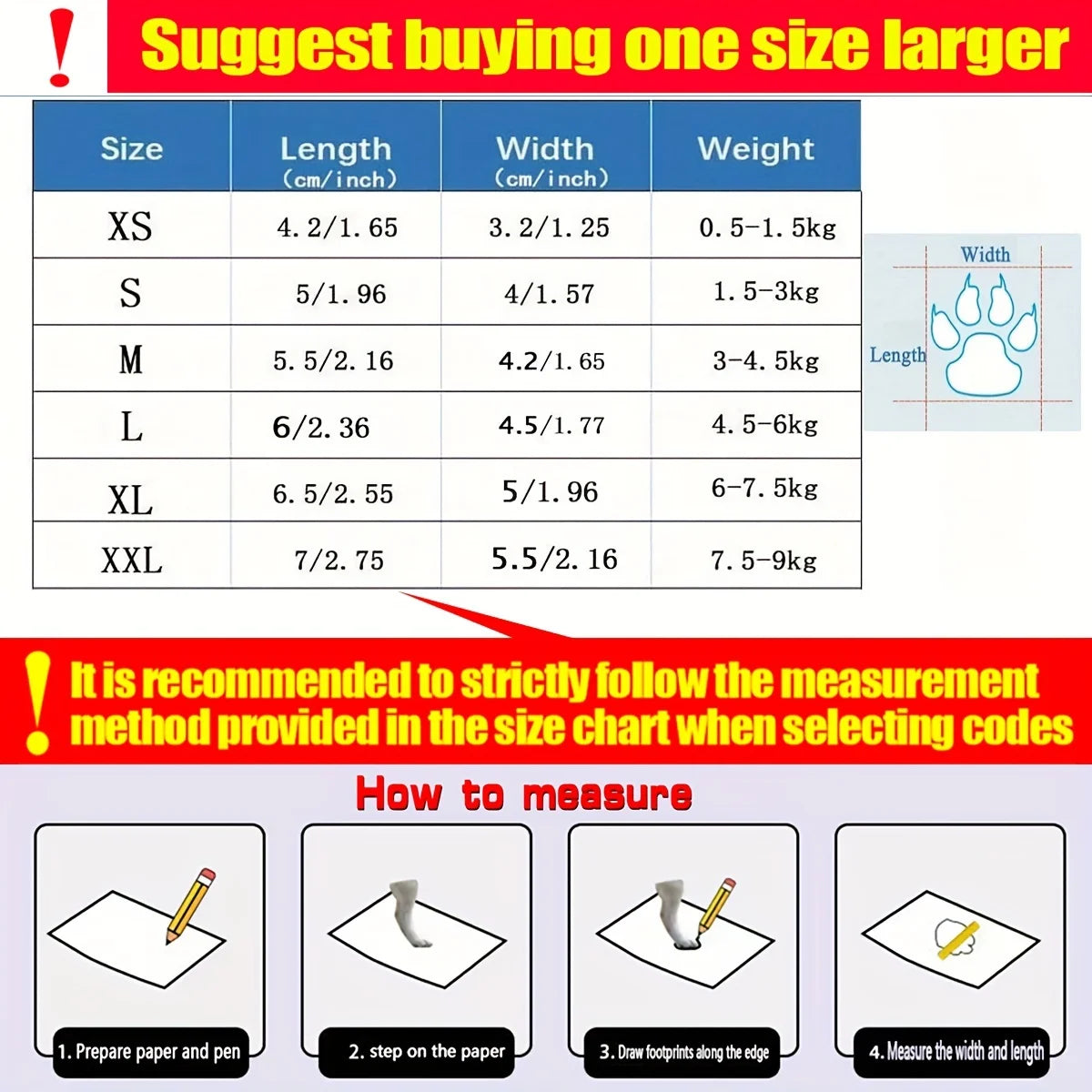 Size chart for a product with measurements and weight ranges, recommended to buy one size larger.
