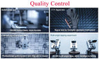 Quality control testing with various tests and text on a blue background