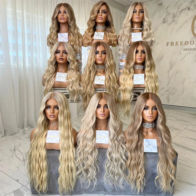 Set of blonde wigs on mannequin heads with a branded background