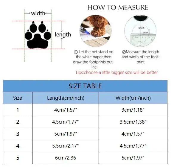 Measurement guide for pet shoes with paw print diagram and size chart.