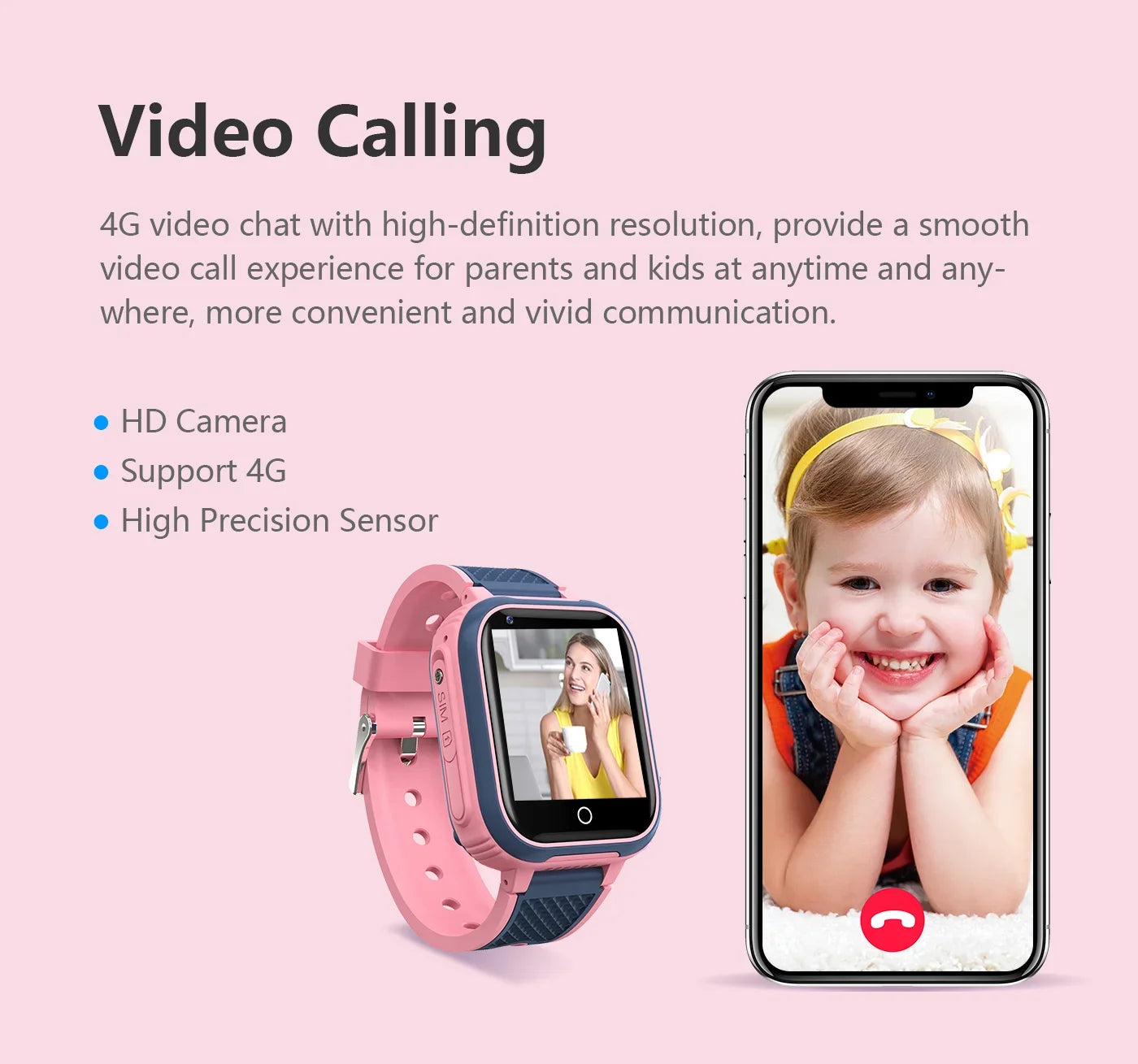 Smartwatch and phone with video calling features on a pink background