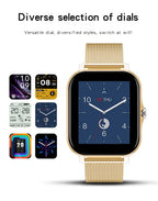 Smartwatch with gold mesh band and various display styles on a white background