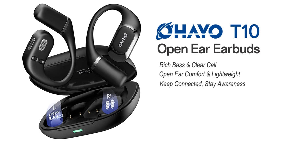 HAYO T10 open ear earbuds on a white background with product features listed.