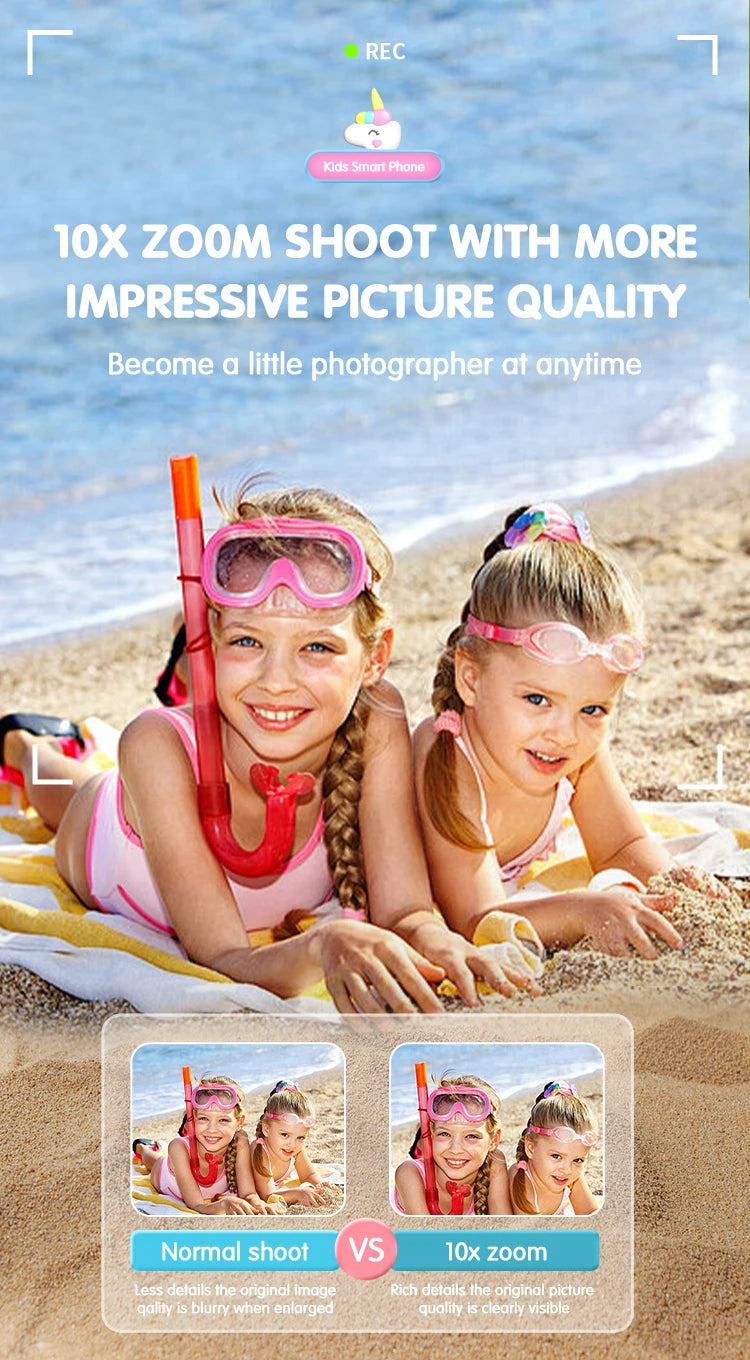 Two children on a beach with snorkeling gear, promotional text about camera zoom feature.