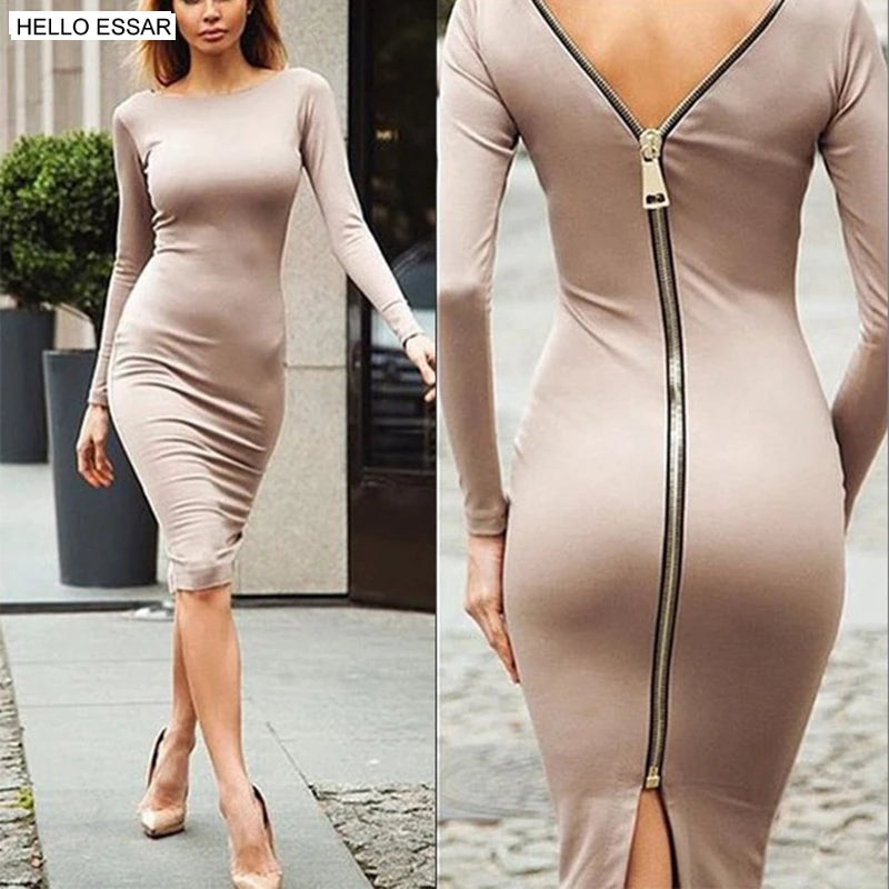 Bodycon dress Solid Color Round neck long sleeve Back zipper tight dress