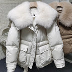 Maomaokong loose Real Fox Fur Collar 2024 White Duck Down Jacket Women Winter Luxury Puffer Coat Oversize Feather Outwear