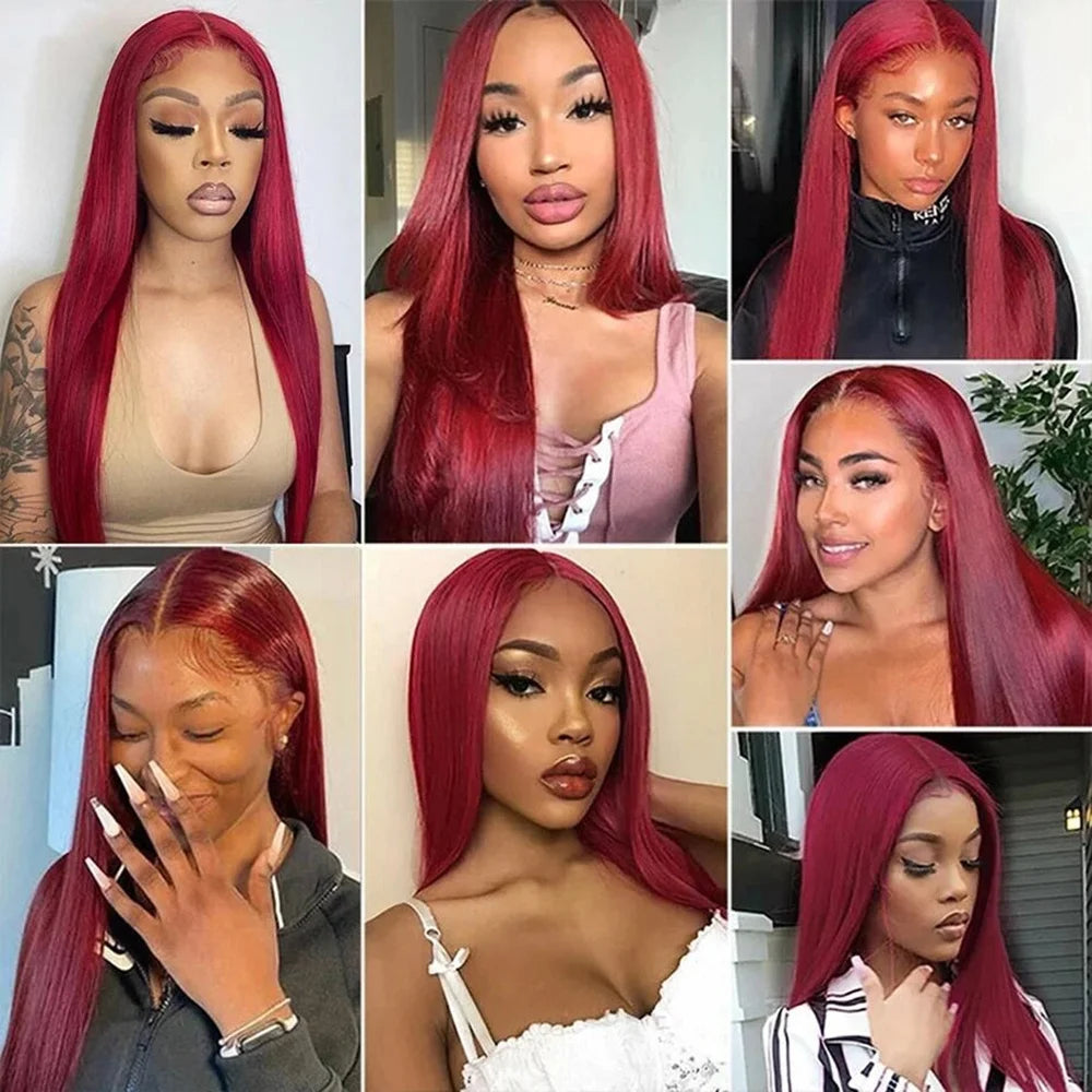 Collage of a woman with red hair styled in various ways.