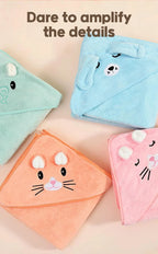 Four colorful hooded towels with animal face designs on a beige background.