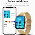 Smartwatch with a gold band displaying a swimmer in water, next to an app on a phone showing customization options.