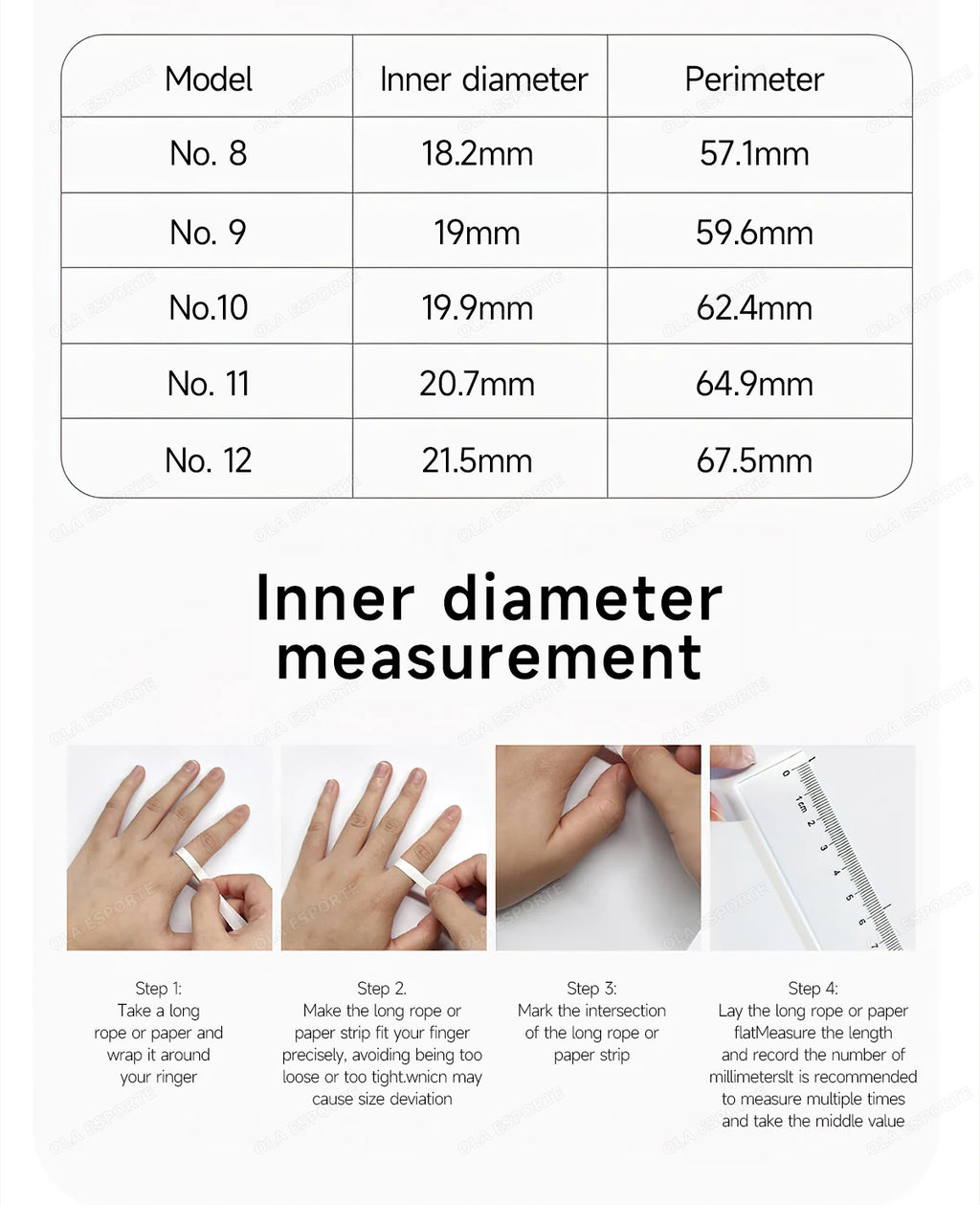 Measurement chart for ring sizes with inner diameter and perimeter details, accompanied by images of hands measuring a ring.