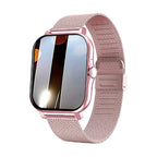 Smartwatch with a rose gold mesh band on a white background