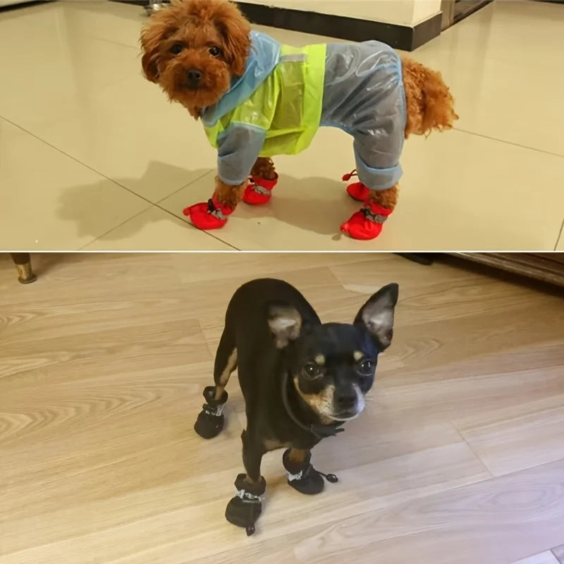 Two dogs wearing protective gear on a tiled floor.