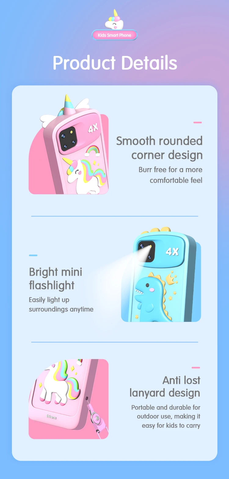 Product details of a pink and blue camera case with flashlight and lanyard design on a gradient background.