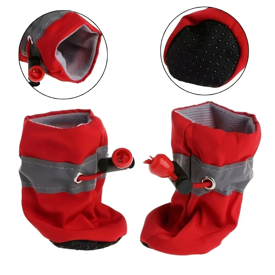 Red and gray dog boots with close-up details on a white background