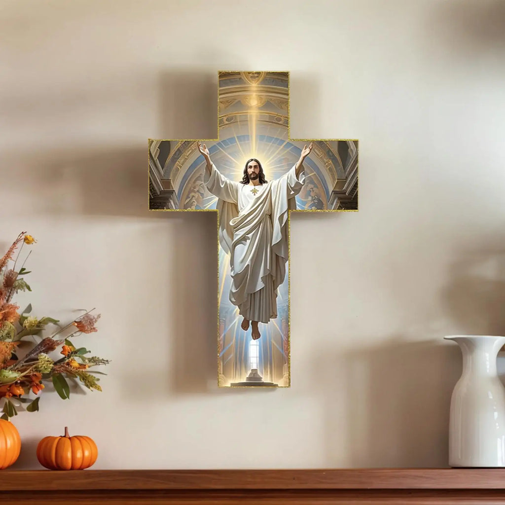 Cross Wall Decor Christian Wooden Home Decor Retro Blessed Church Hanger Decoration for Christmas Entryway Hallway Bedroom