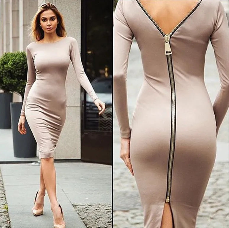 Bodycon dress Solid Color Round neck long sleeve Back zipper tight dress