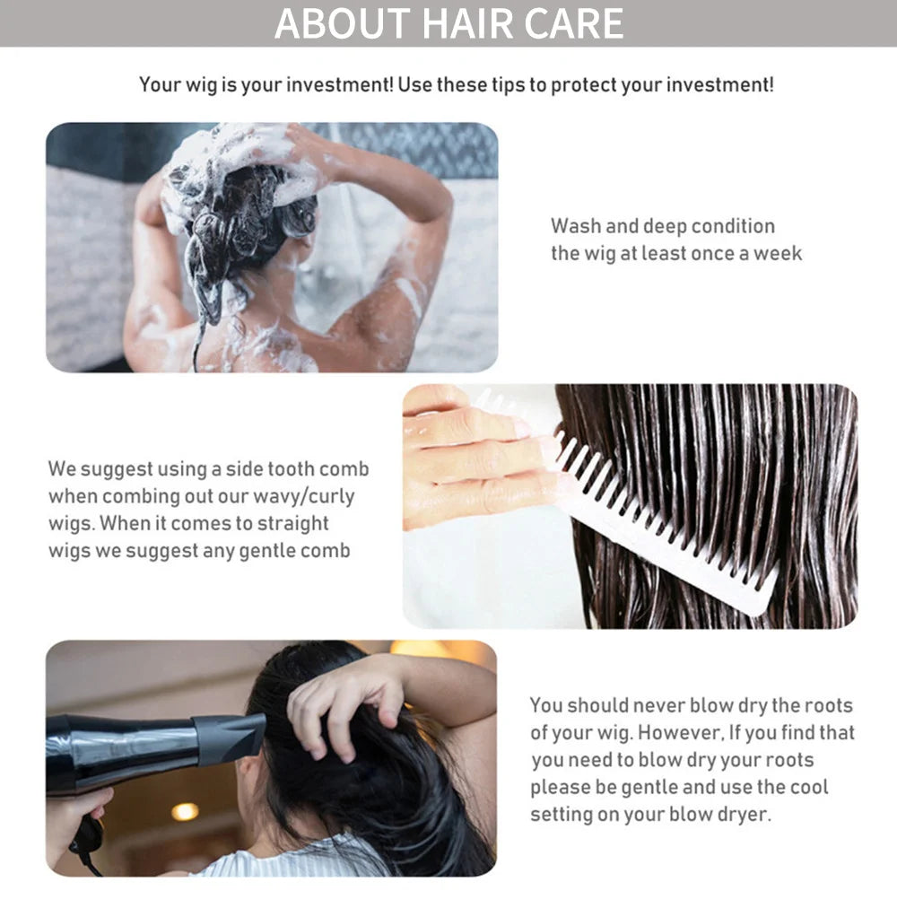 Hair care tips for wigs with images of washing, combing, and blow-drying a wig.