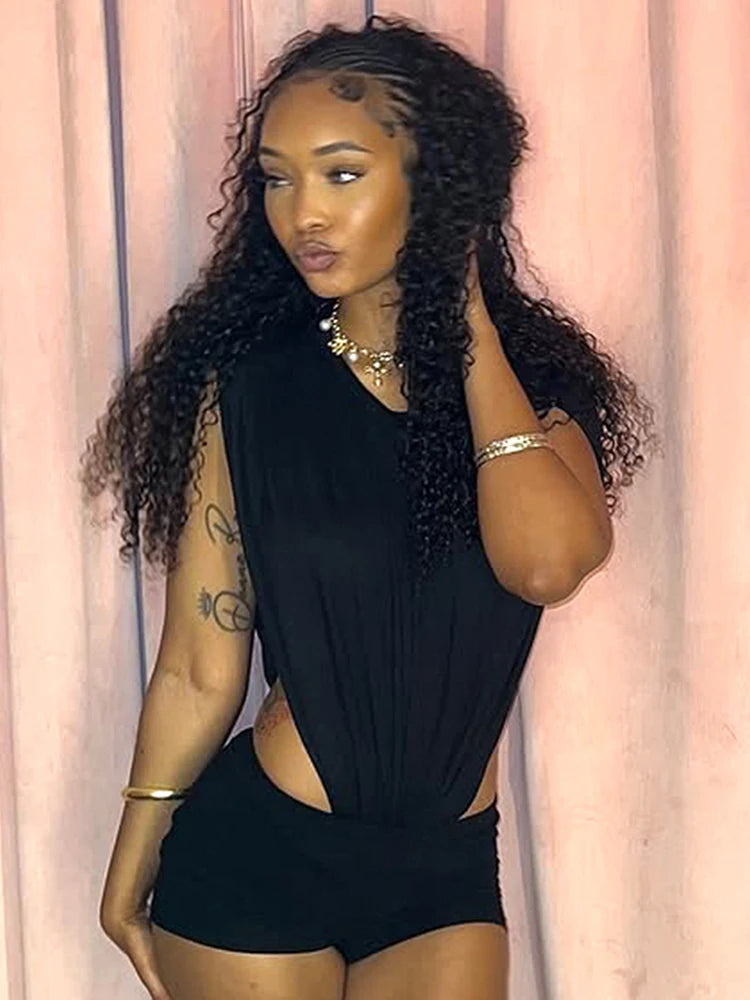 Women Two-Piece Side Split Bodysuit+Shorts