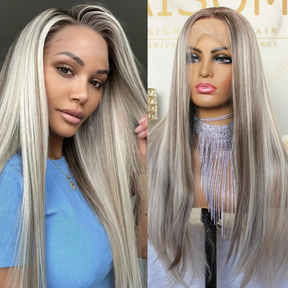 Side-by-side comparison of a person with long blonde hair and a wig on a mannequin head.