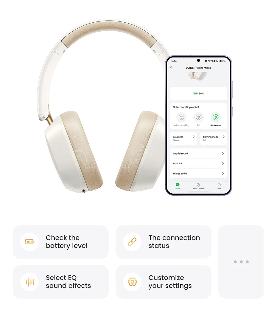 Wireless Bluetooth Headphones 43dB Hybrid Active Noise Cancellation Hi-Res LDAC 75H Spatial Audio Headset Earphones