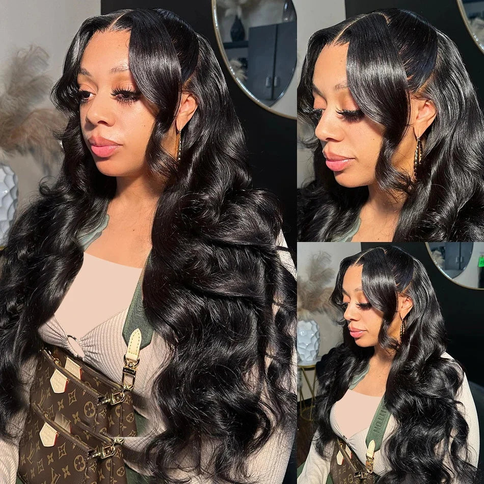 Collage of a woman with long black hair styled in different ways.
