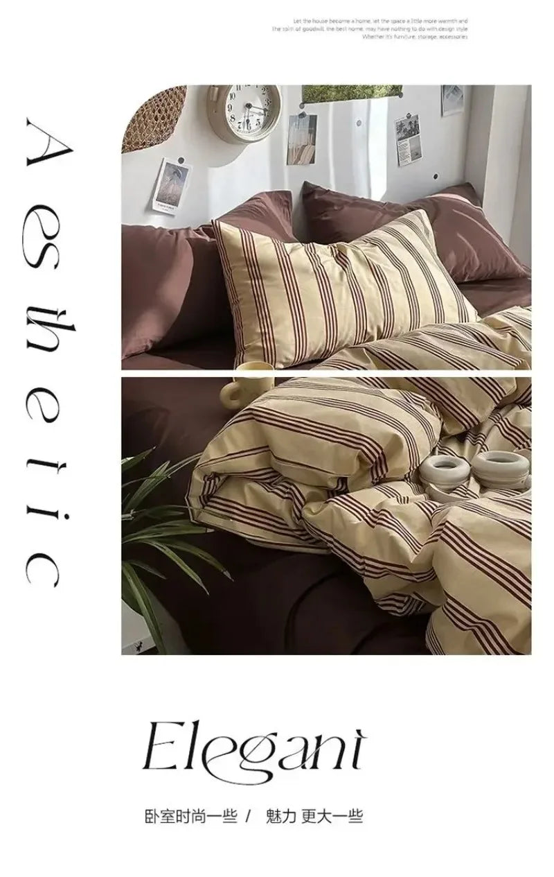 Cozy bedroom with striped bedding and pillows, featuring the brand 'Elegani'.