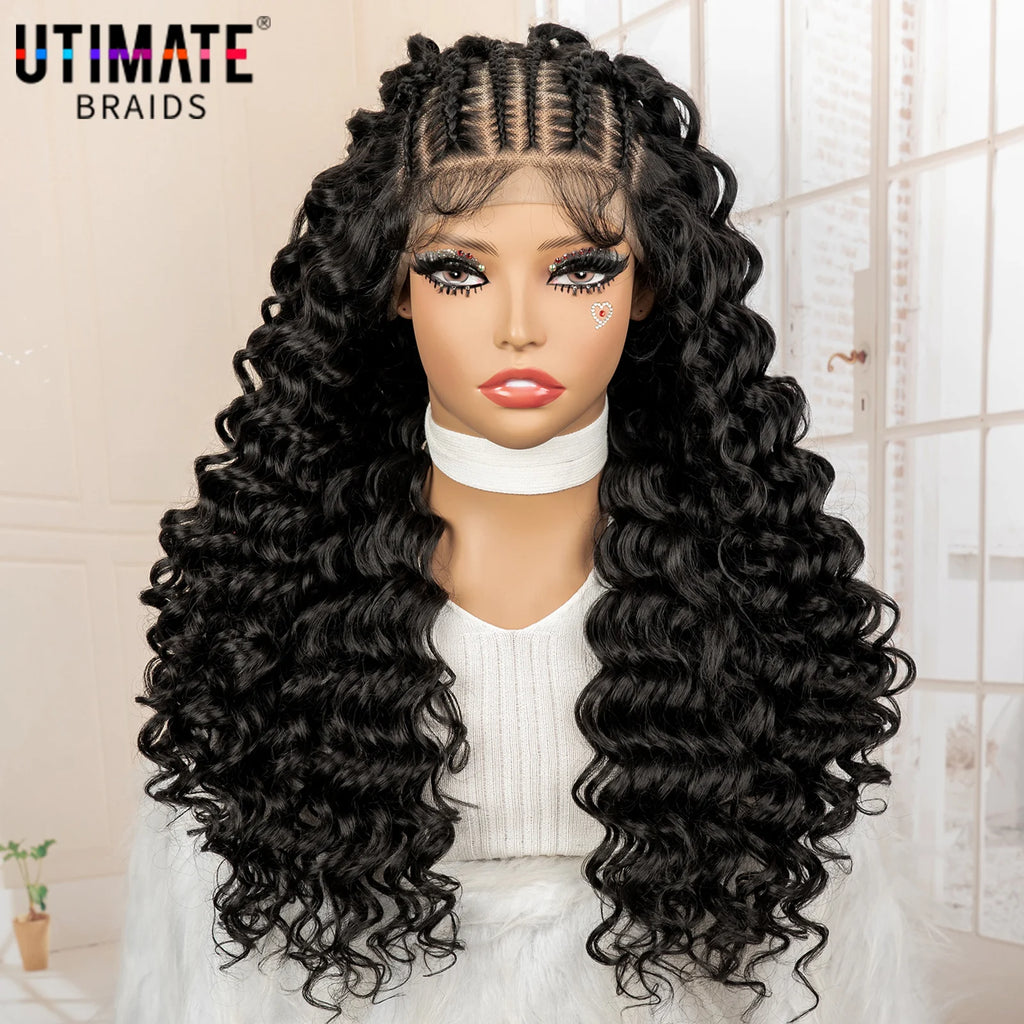 Mannequin head with long, wavy black wig on a blurred indoor background