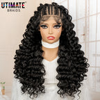 Mannequin head with long, wavy black wig on a blurred indoor background