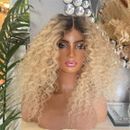 Blonde curly wig on a mannequin head with decorative background