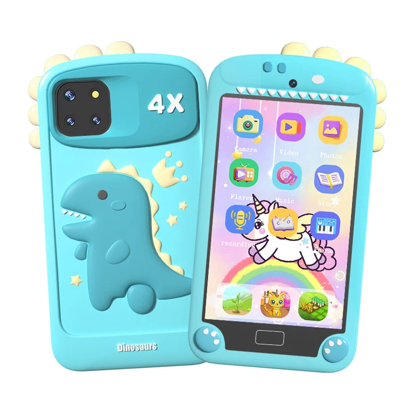 Children's toy phone with dinosaur design and colorful screen on a white background