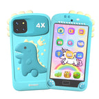 Children's toy phone with dinosaur design and colorful screen on a white background