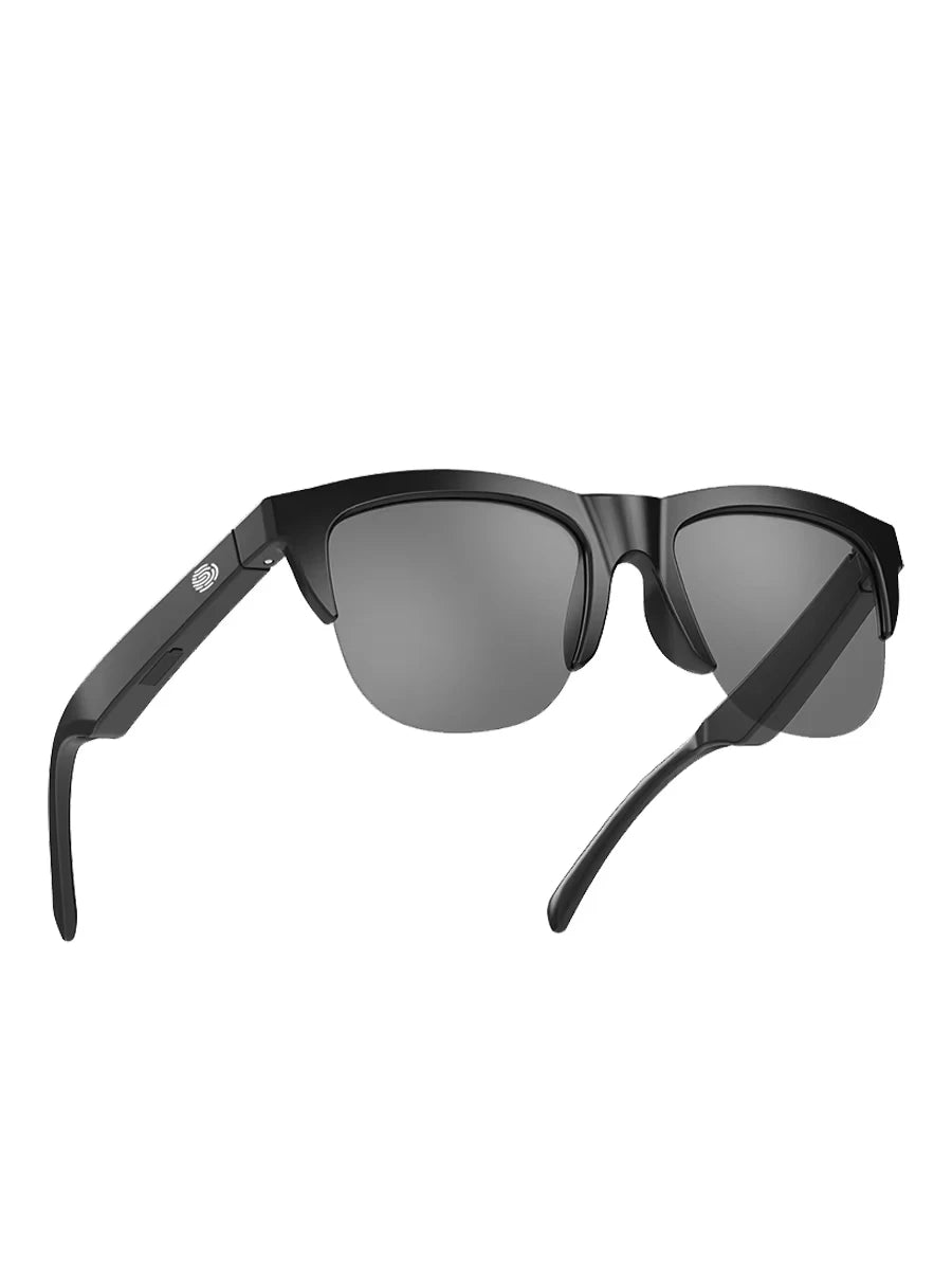 Black sunglasses with reflective lenses on a white background