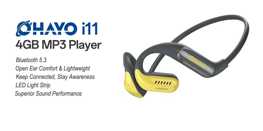 ayo i11 4GB MP3 player with open ear comfort design on a white background