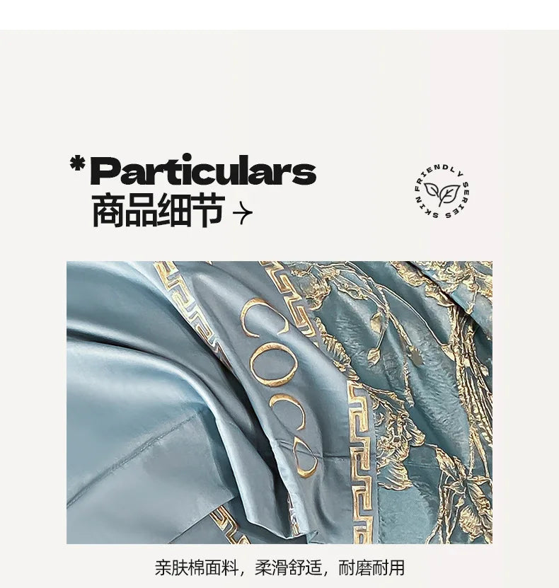 Text on a white background with 'Particulars' and '商品细节' followed by a close-up of fabric with gold patterns.