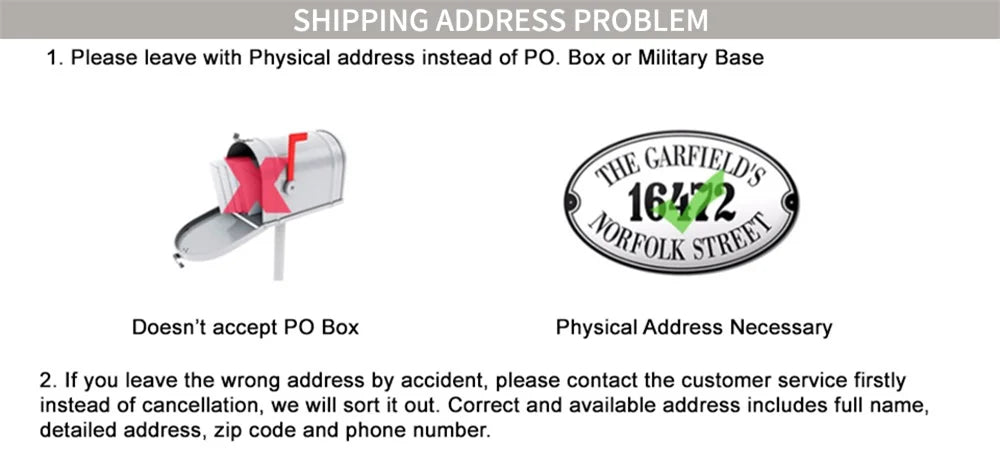 Instructional graphic about shipping address issues with a mailbox and logo on a white background.