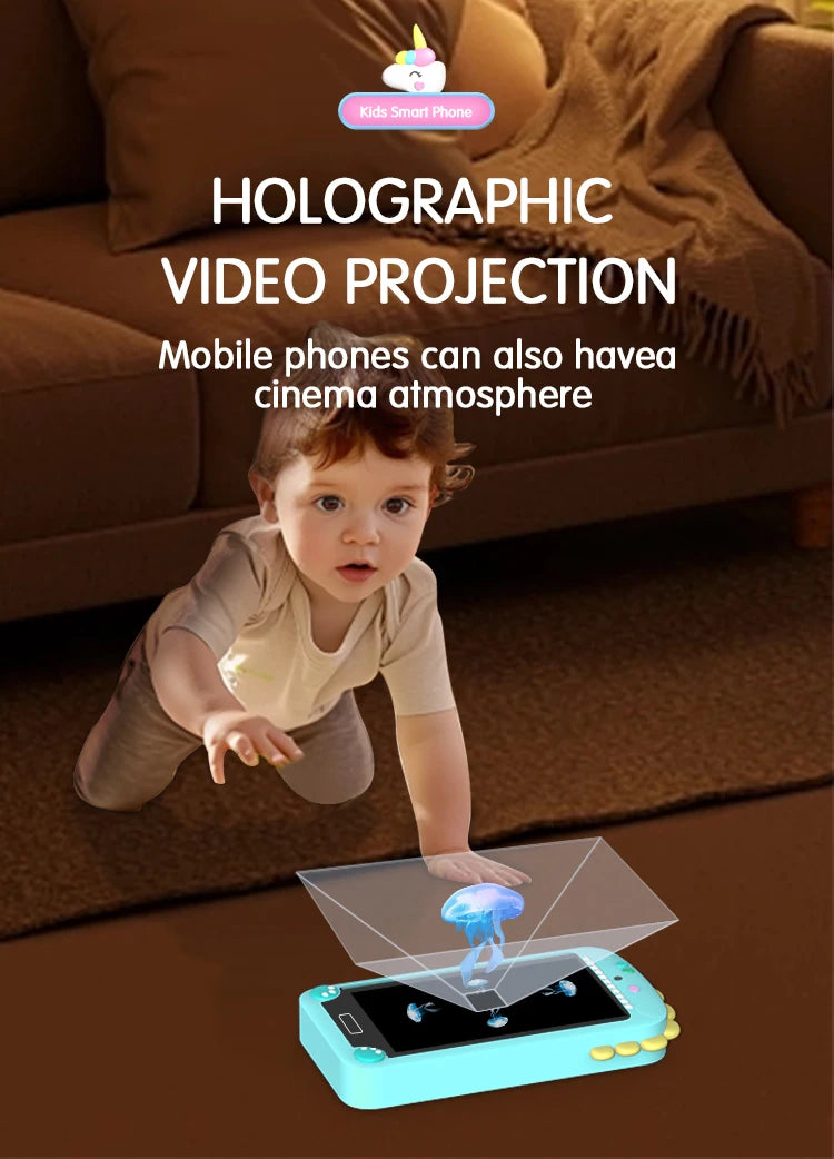 Child interacting with holographic video projection device on a couch