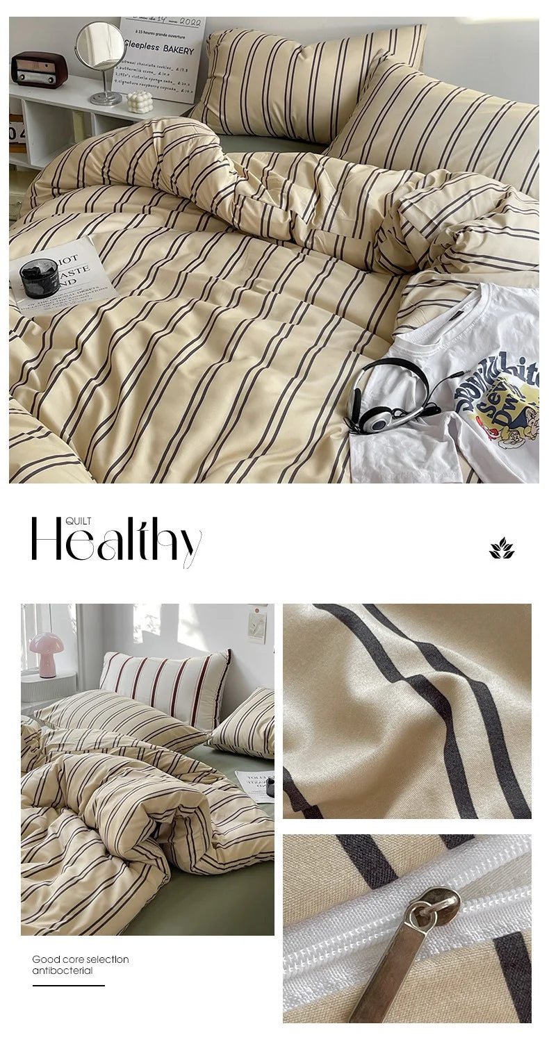 Striped bedding set with a white shirt, 'Healthy' text, and fabric texture close-up.