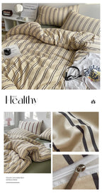 Striped bedding set with a white shirt, 'Healthy' text, and fabric texture close-up.