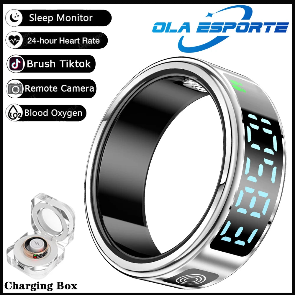 Smart ring with digital display and charging box, featuring Ola Esporte branding.