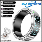 Smart ring with digital display and charging box, featuring Ola Esporte branding.
