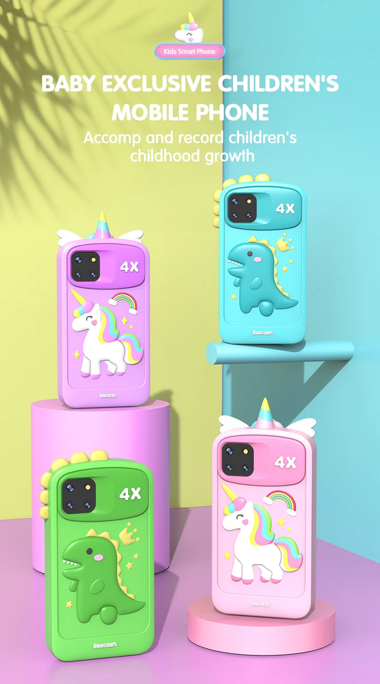 Children's phone cases with unicorn and dinosaur designs on colorful stands.