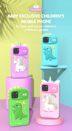 Children's phone cases with unicorn and dinosaur designs on colorful stands.