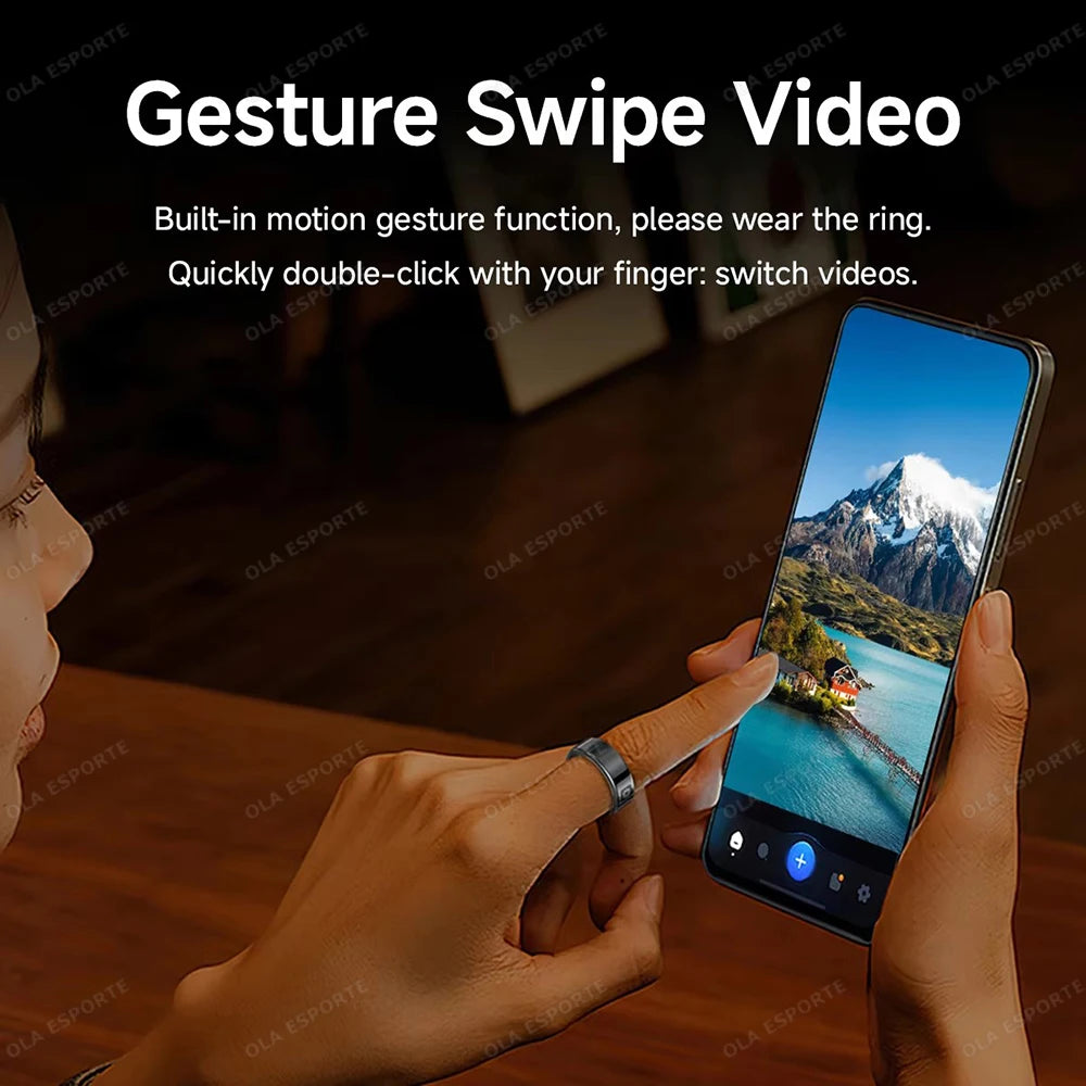 Person using a smartphone with gesture swipe video feature, wearing a ring.