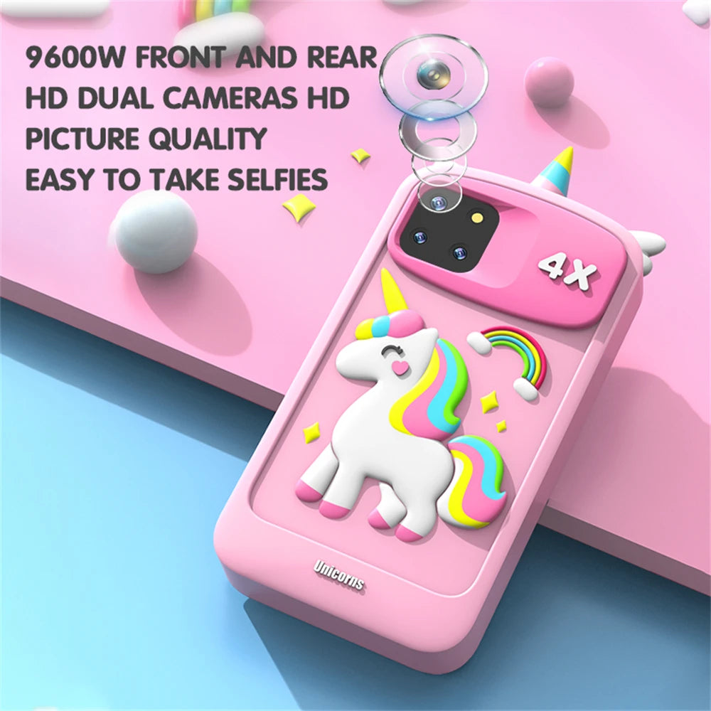 Pink phone case with unicorn design on a blue background