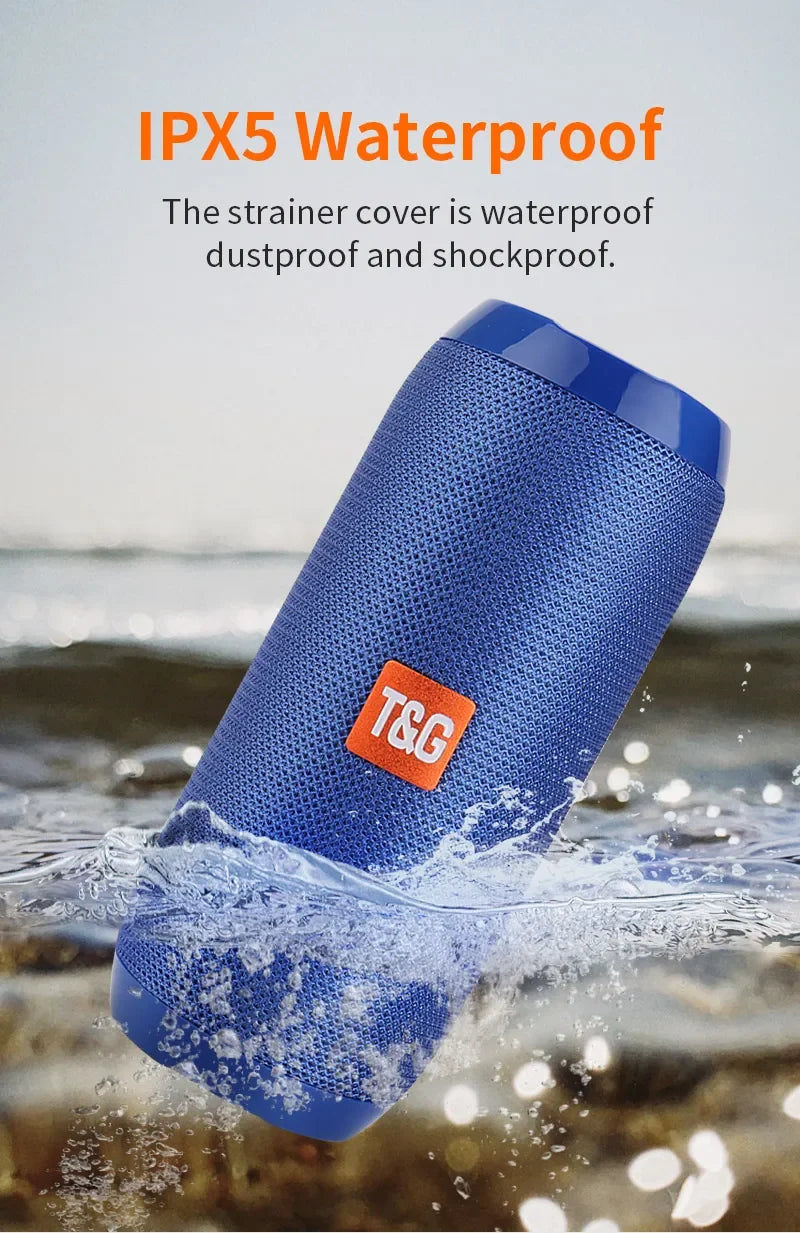 Blue waterproof speaker with T&G logo being submerged in water, text indicating IPX5 waterproof rating.