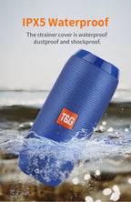 Blue waterproof speaker with T&G logo being submerged in water, text indicating IPX5 waterproof rating.