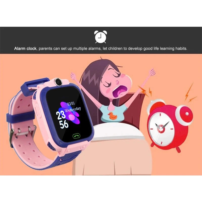 Smartwatch with pink band and digital display, alarm clock illustration, and text about setting multiple alarms.