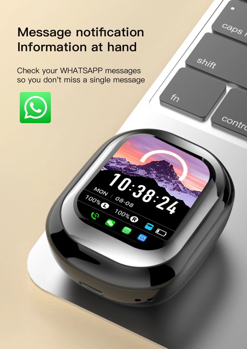 Smartwatch with a digital display on a beige background, featuring WhatsApp icon.
