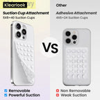 Comparison of Klearlook suction cup attachment and other adhesive attachment on a phone case.