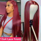 Burgundy wig on a mannequin head and person wearing it, with '13x4 Lace Front' text.